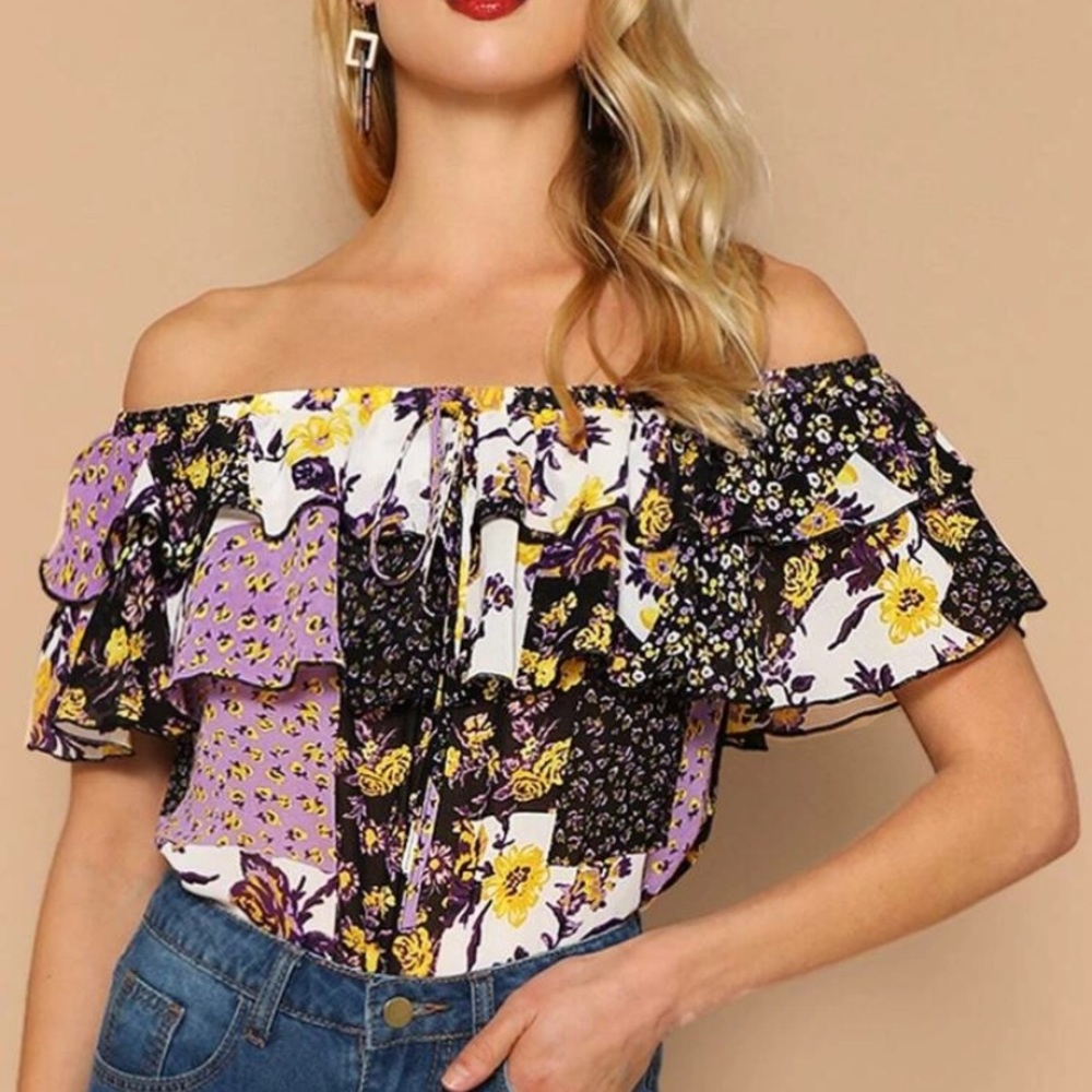 NWT Tiered Flounce Off Shoulder Floral Patchwork Top